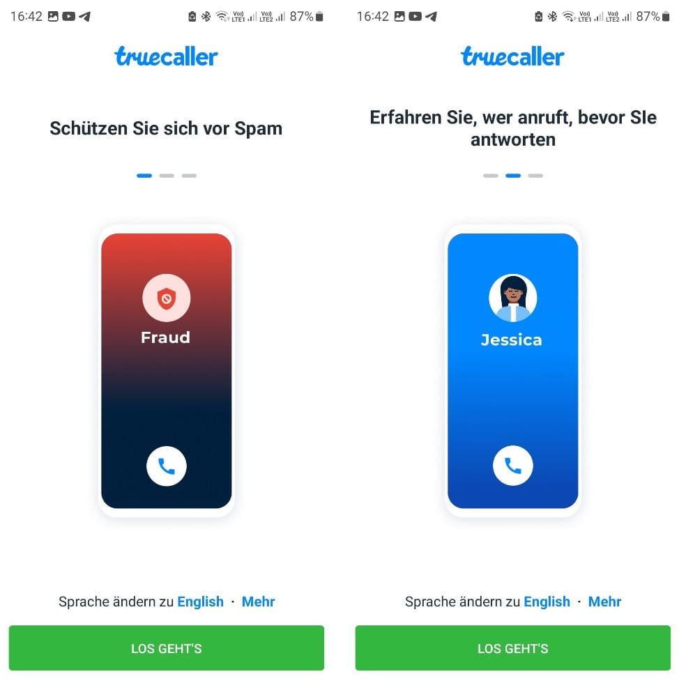 Anzeige von Spam in rot und Anrufer-ID in blau in Truecaller