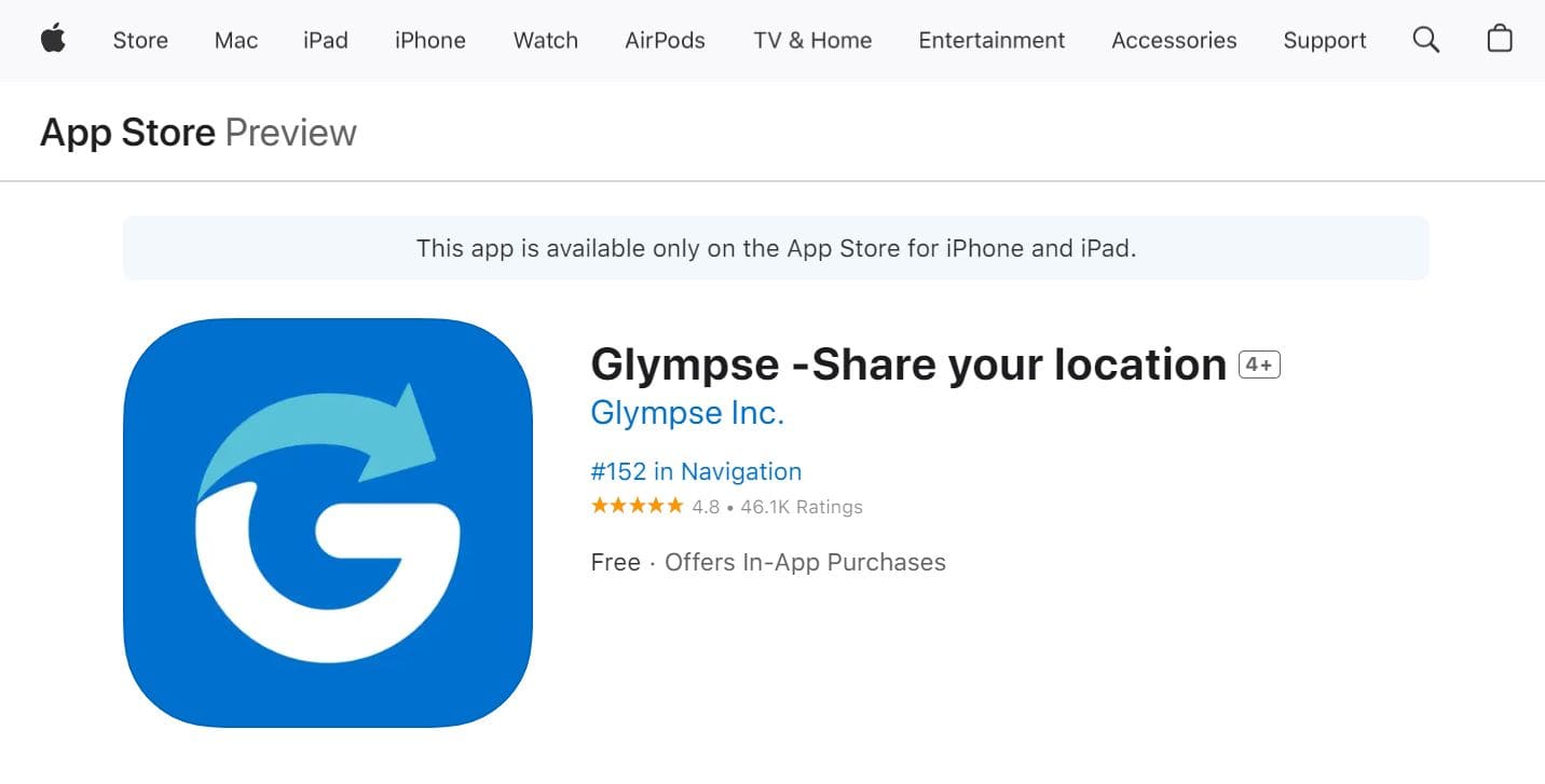 Ansicht der Glympse-Startseite im App Store