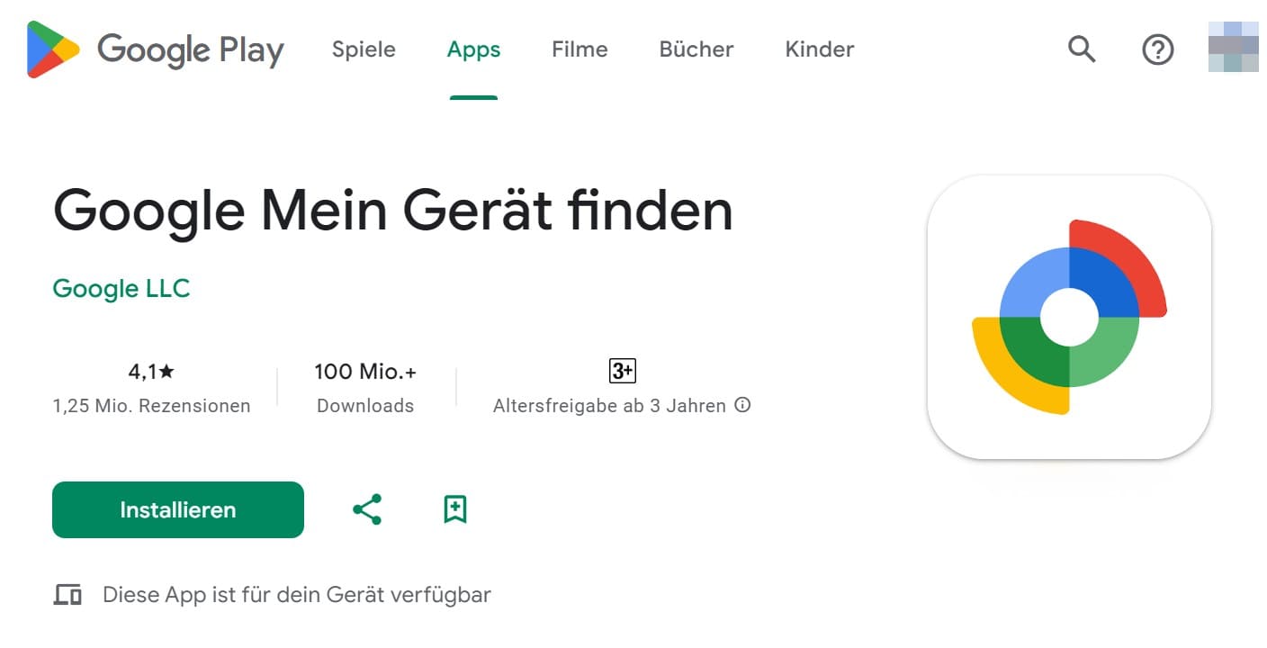 Ansicht der Google Find My Device-Startseite in Google Play mit Schaltfläche zur Installation auf Ihrem Telefon