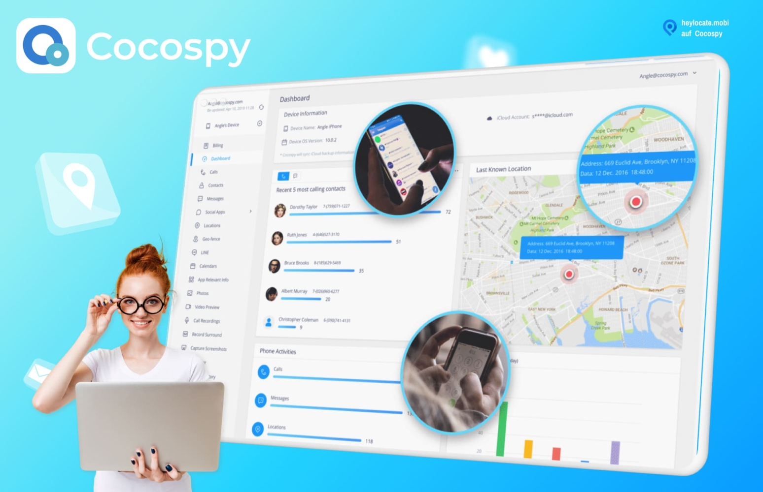 Ein Bild von Cocospy, das eine Person zeigt, die einen Laptop hält, auf dem das Cocospy-Dashboard angezeigt wird. Auf dem Bildschirm sind verschiedene Funktionen wie die Standortverfolgung und Anrufaufzeichnungen zu sehen. Die eingekreisten Bilder zeigen eine Nahaufnahme der App, die auf einem Smartphone verwendet wird.