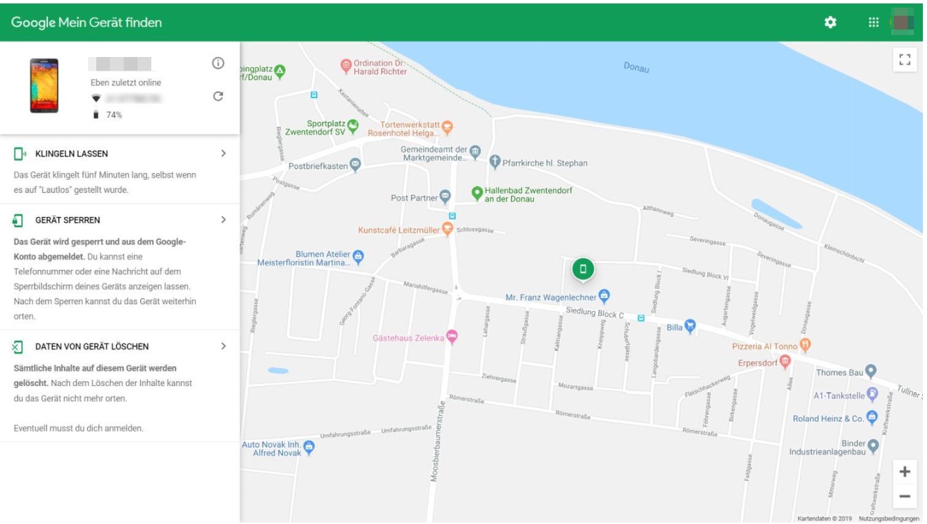 Google Find ortet Ihr verlorenes Gerät und zeigt seinen Standort auf Google Maps an.
