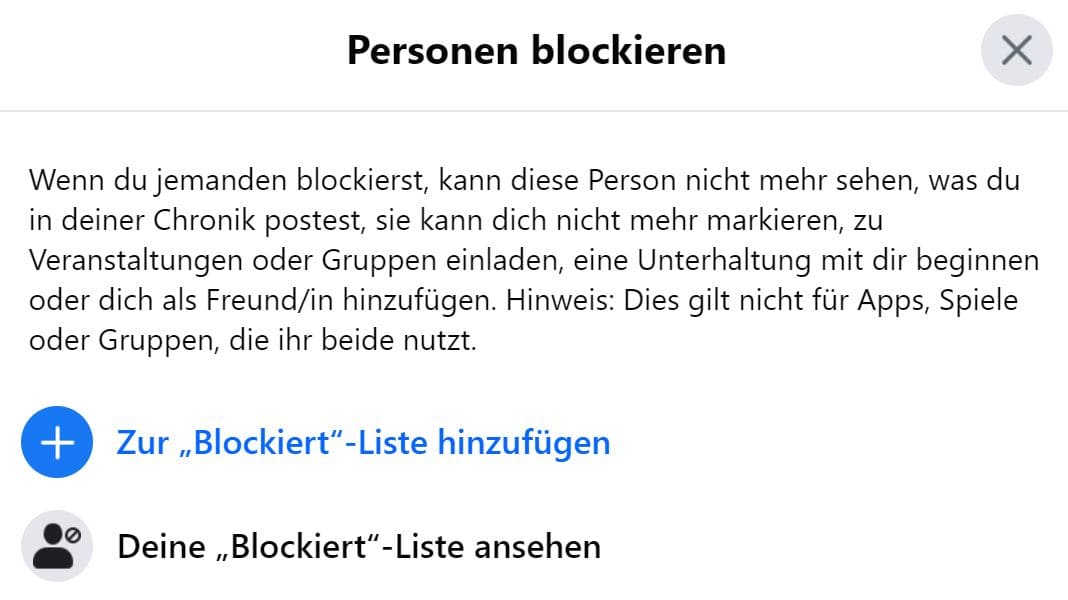 Ein Bild der Funktion "Benutzer blockieren" auf Facebook