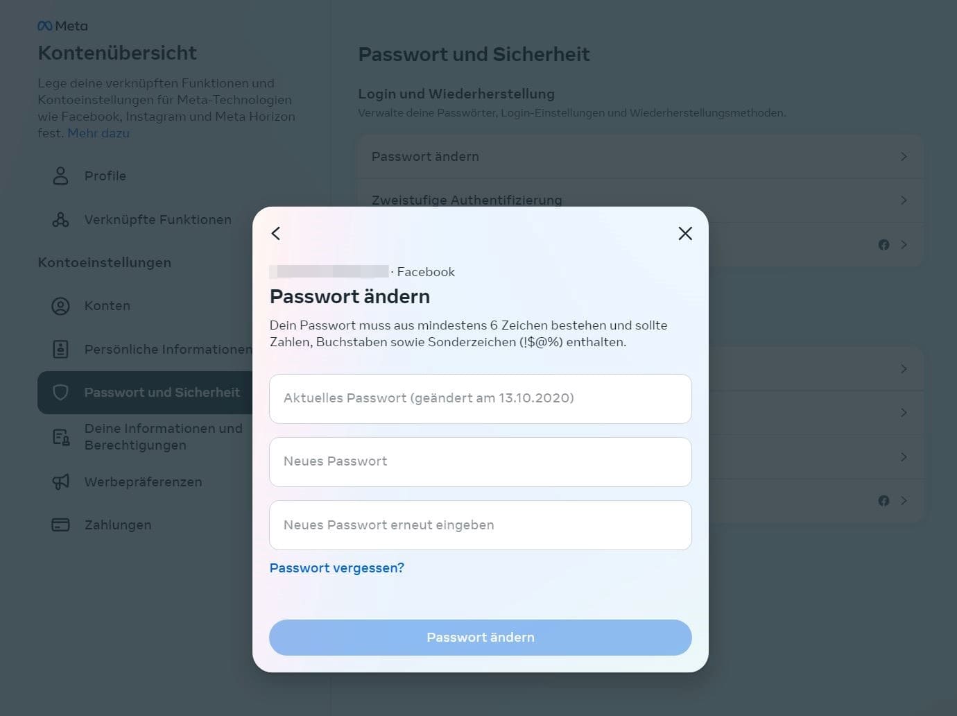 Ansicht der Seite zum Zurücksetzen des Passworts für das Facebook-Konto