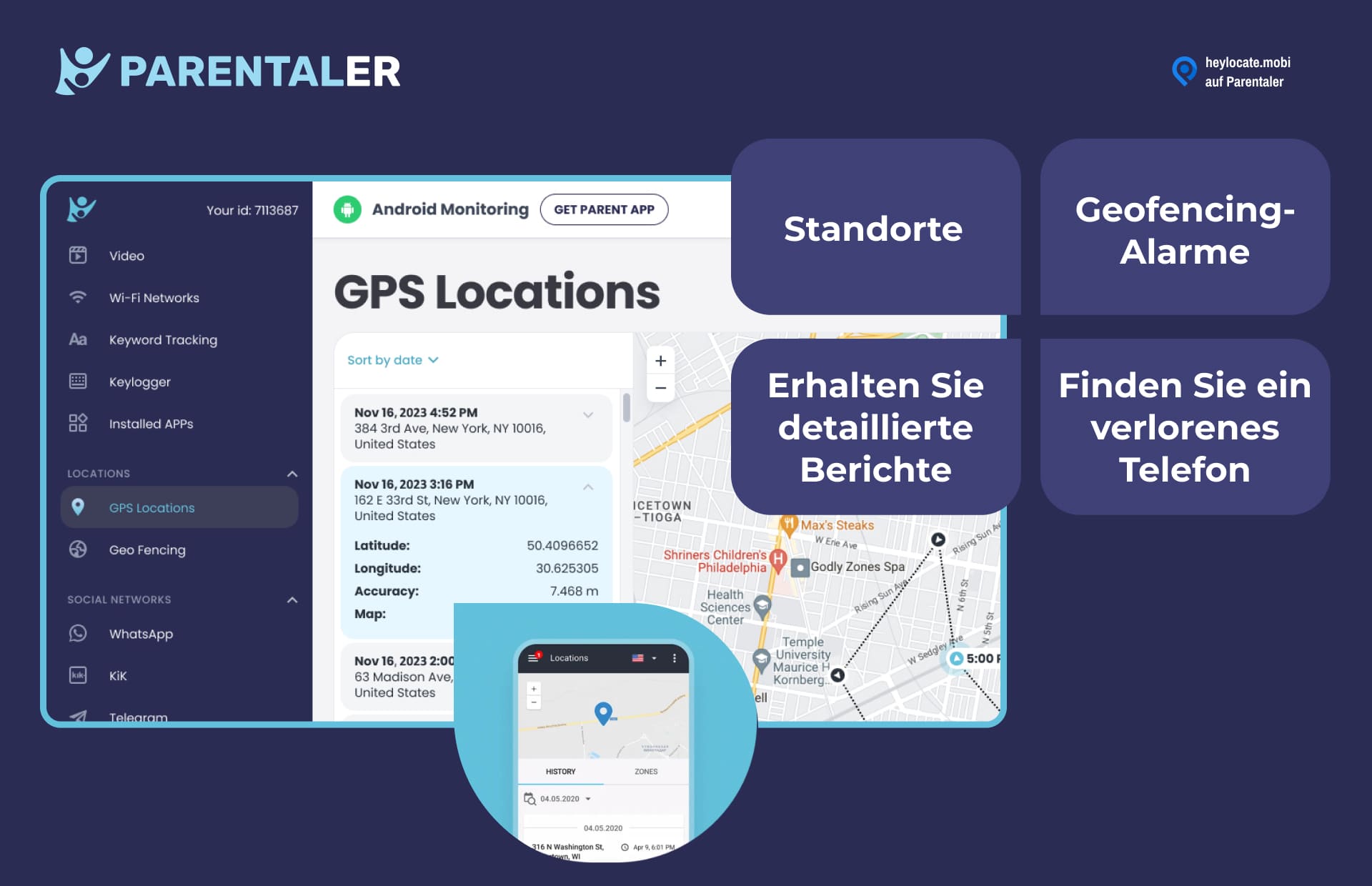 Der GPS-Tracking-Bildschirm der Parentaler-App zeigt die ID des Benutzers, Wi-Fi-Netzwerke, Keyword-Tracking, Keylogger, installierte Apps, Standorte mit GPS-Tracking und Geo-Fencing sowie eine Karte mit aktuellen Standort-Pins für erweiterte elterliche Überwachungs- und Sicherheitsfunktionen wie Geofencing-Warnungen und Telefonortungsdienste.