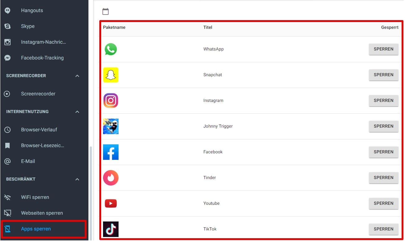 Screenshot von mSpy Dashboard mit App-Blockierungsfunktion