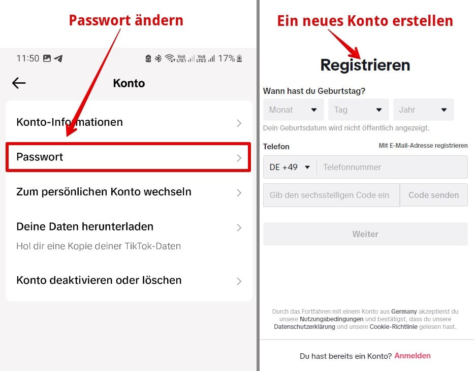 Zwei Screenshots mit Formularen, die Sie ausfüllen müssen, um Ihr Passwort zu ändern und ein TikTok-Konto zu erstellen