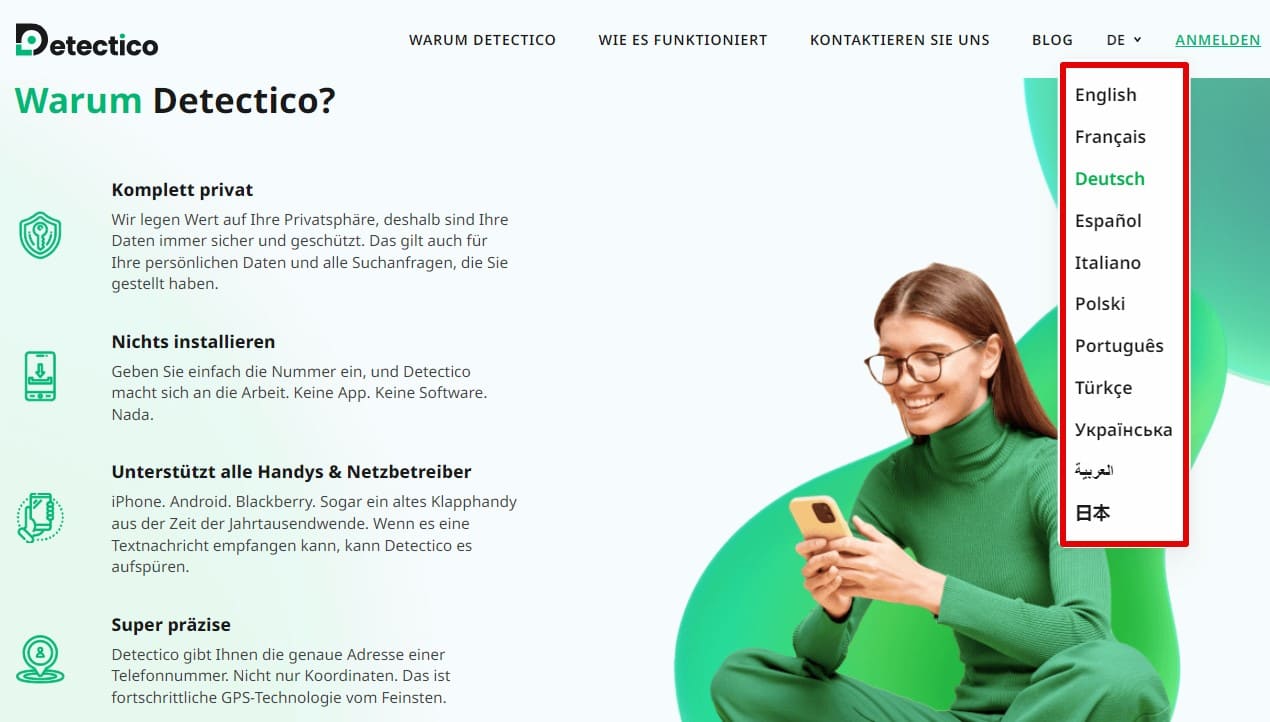 Ein Bild von der Detectico-Webseite, das die elf Sprachen vor dem Hintergrund der Informationen zeigt, warum Sie Detectico wählen sollten
