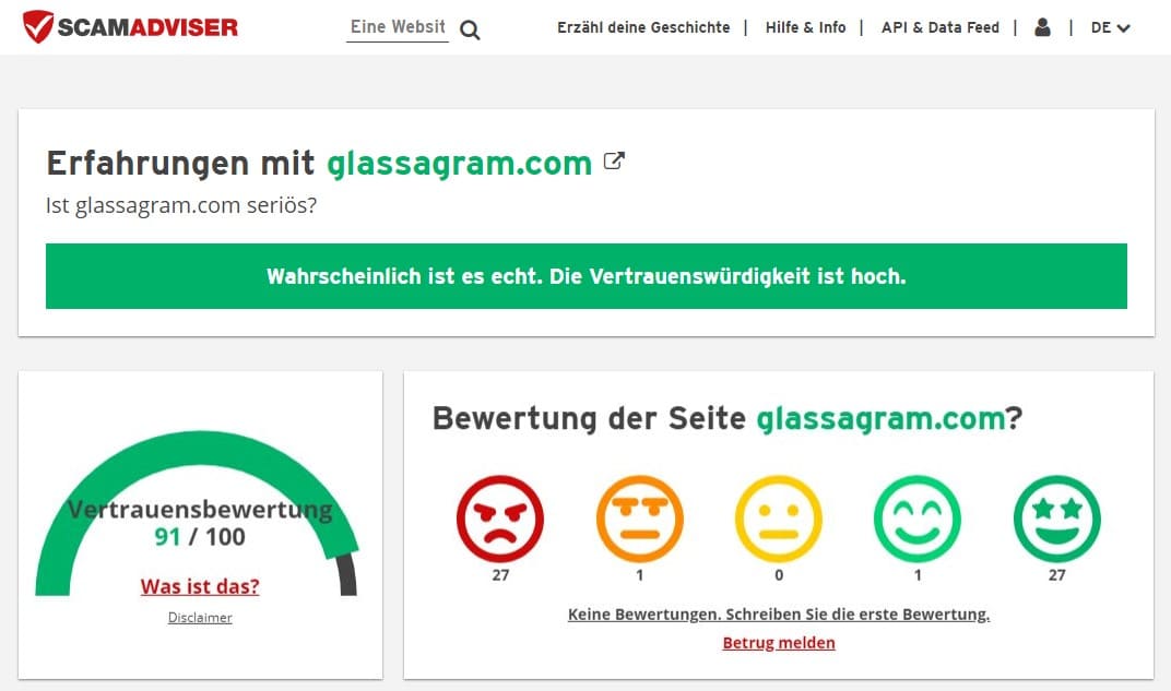 Glassagram-Vertrauensbewertung auf der Scam Advisor-Website