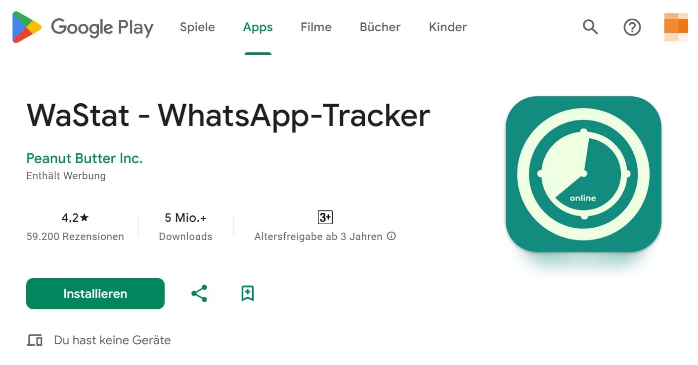 Ein Bild des WaStat WhatsApp-Trackers im Google Play Store