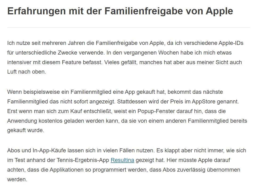 Screenshot eines Erfahrungsberichts der Familienfreigabe von Apple