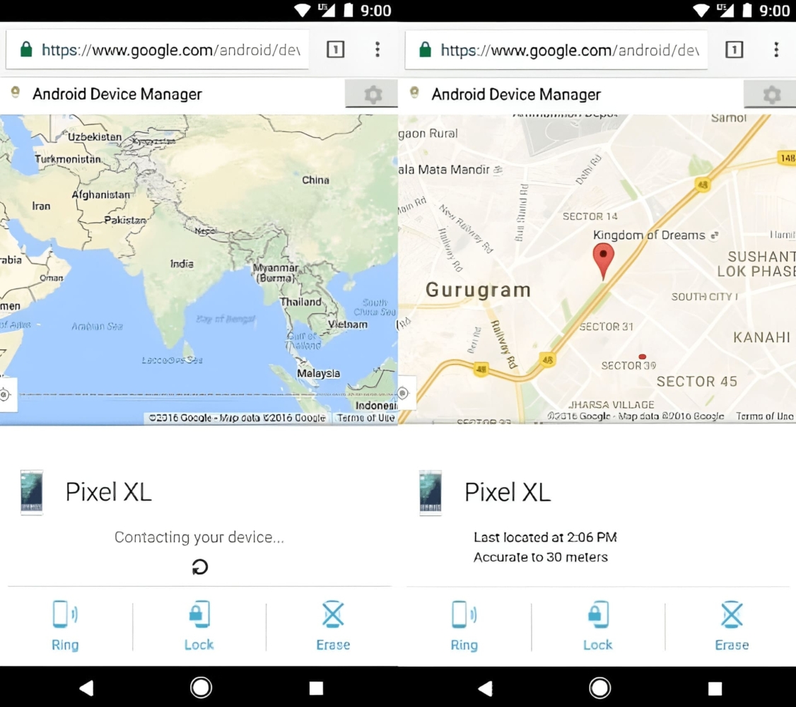 Kartenansicht von Google „mein Smartphone finden“