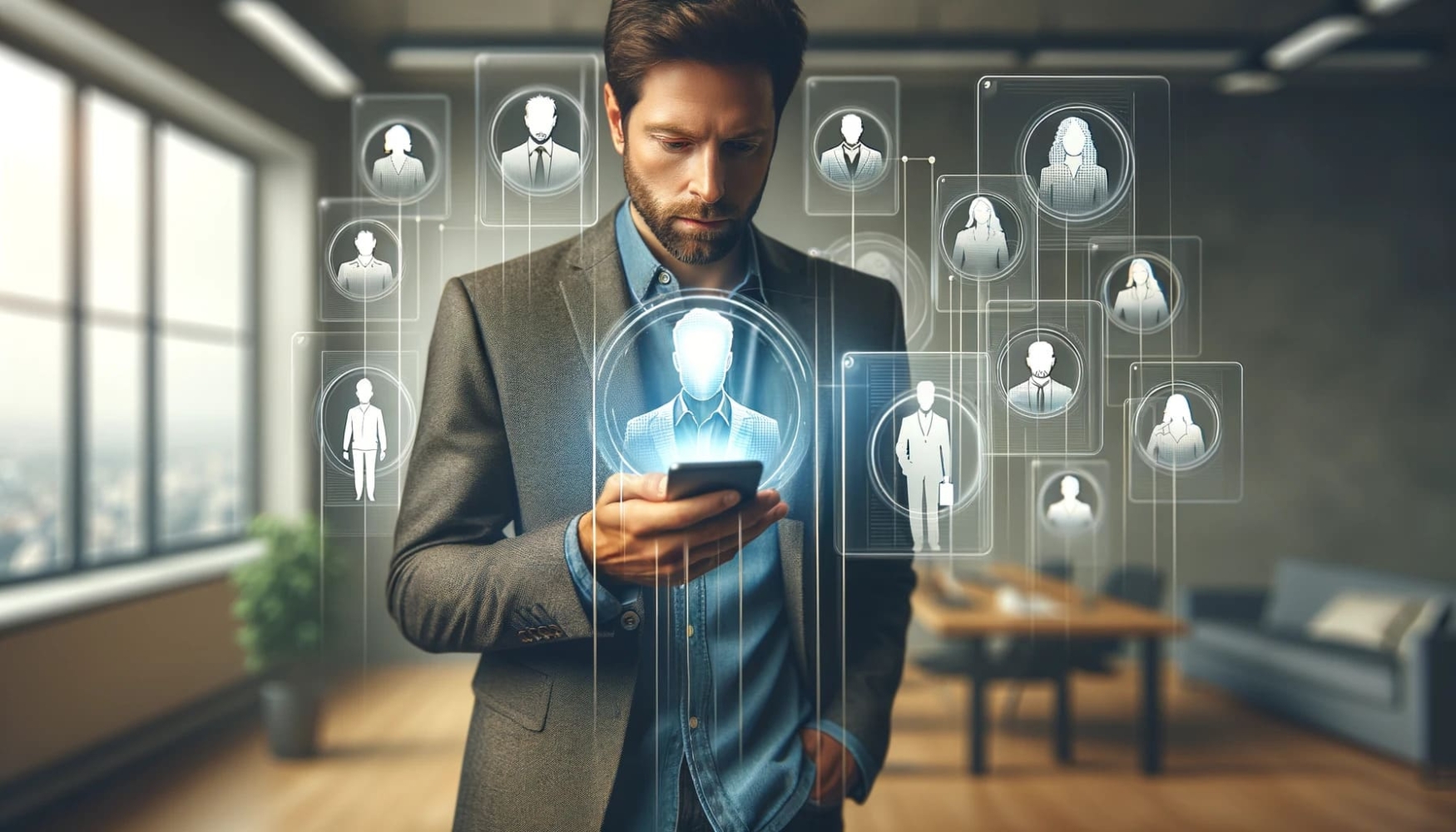 Ein Mann steht in einem Raum, trägt einen Anzug und schaut auf ein Handy, um ihn herum sind Symbole von Benutzerprofilen zu sehen
