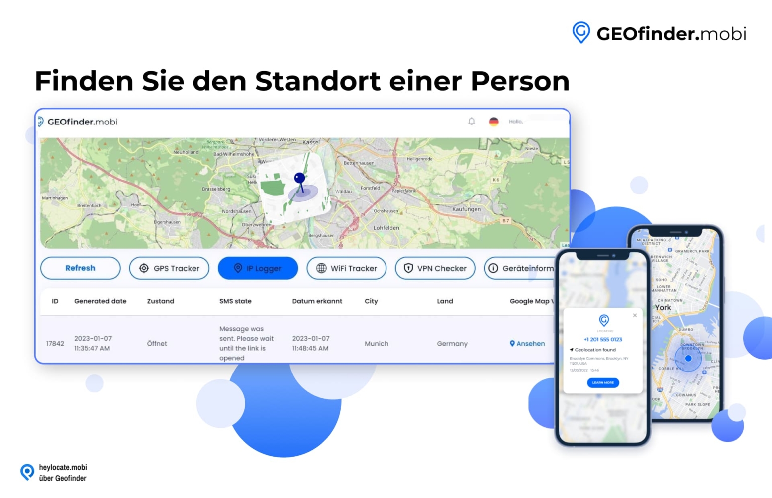 Screenshot der GEOfinder.mobi-Webseite mit einer Karte, auf der ein Standort eingezeichnet ist, und einer Benutzeroberfläche mit Optionen für GPS-Ortung, IP-Protokollierung, WiFi-Ortung, VPN-Überprüfung und Geräteinformationen sowie einem Mobiltelefon, auf dem ein Standort eingezeichnet ist.