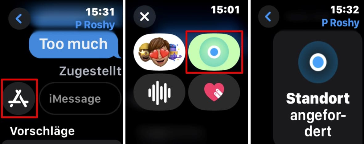 Screenshots der Apple Watch mit Schritten zur Verwendung von iMessage zum Anfordern des Standorts einer Person