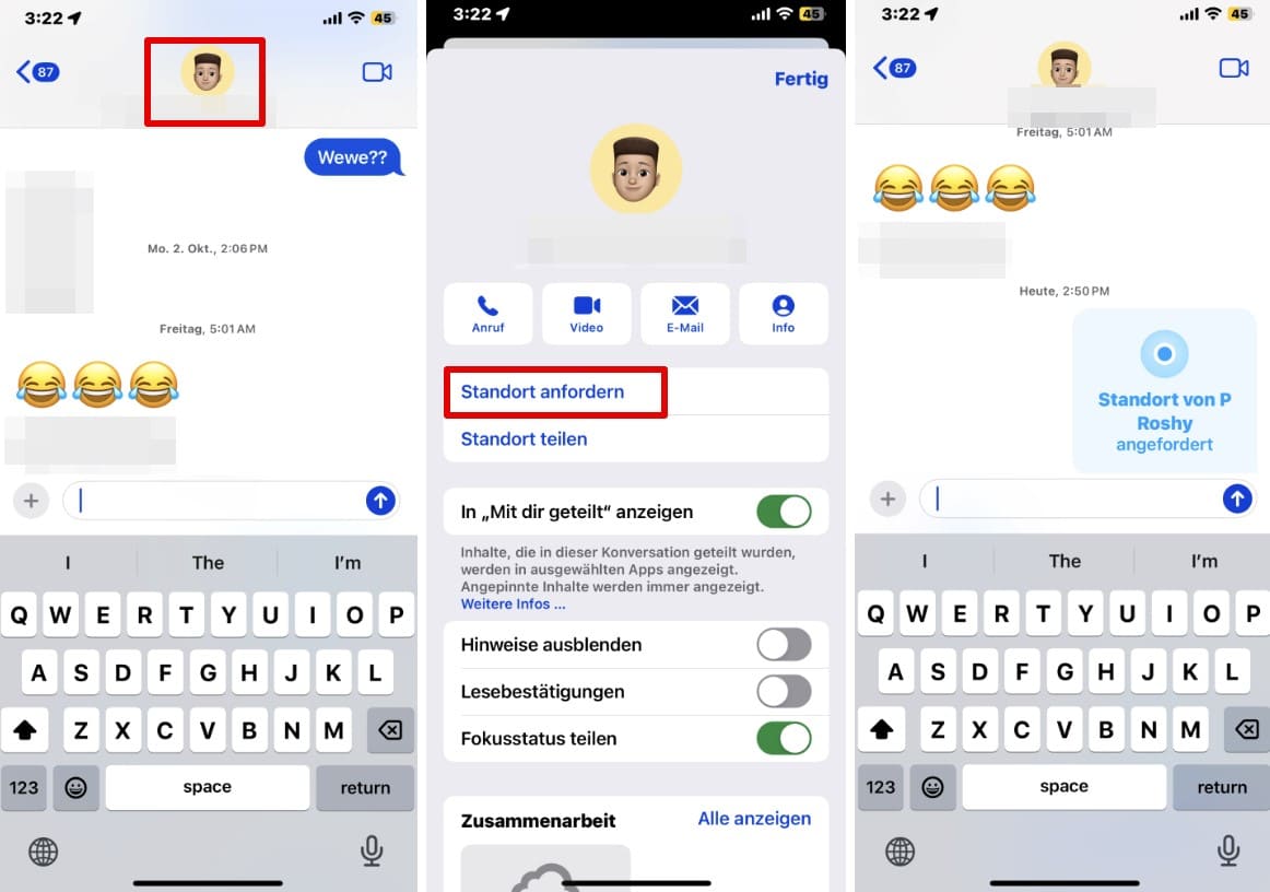 iPhone-Screenshots mit Schritten zur Verwendung von iMessage zum Anfordern des Standorts einer Person