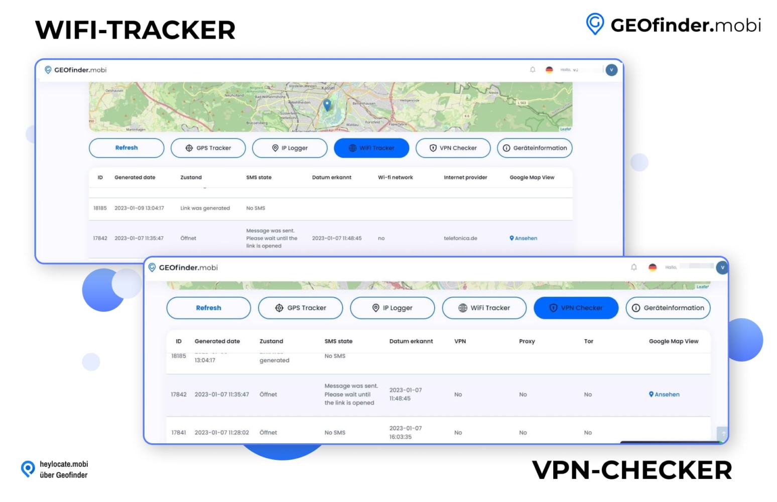Die Benutzeroberfläche von GEOfinder.mobi zeigt die Registerkarten "WiFi Tracker" und "VPN Checker" mit detaillierten Auflistungen von ID-Nummern, Daten, SMS-Status, Erkennungsdatum und Netzwerkinformationen für Verfolgungszwecke.