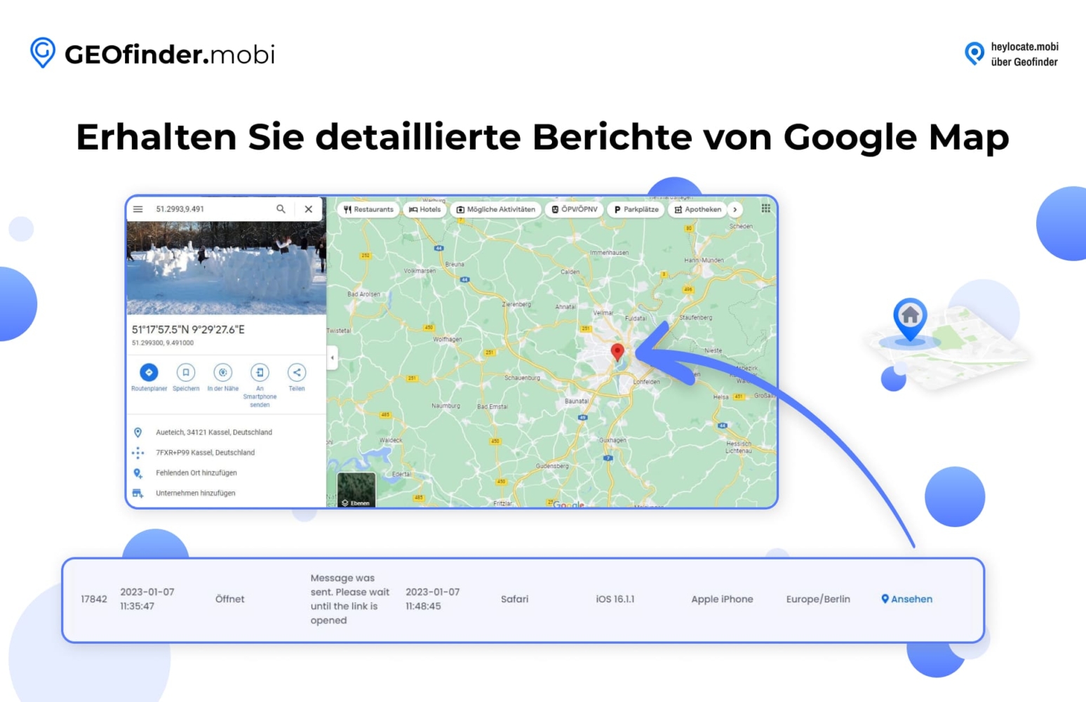 Anzeige der Funktion von GEOfinder.mobi zum Abrufen detaillierter Berichte von Google Maps, die eine Karte und Standortkoordinaten sowie eine detaillierte Ansicht einer Karte zeigt, die ein bestimmtes Gebiet mit einer Standortmarkierung hervorhebt.