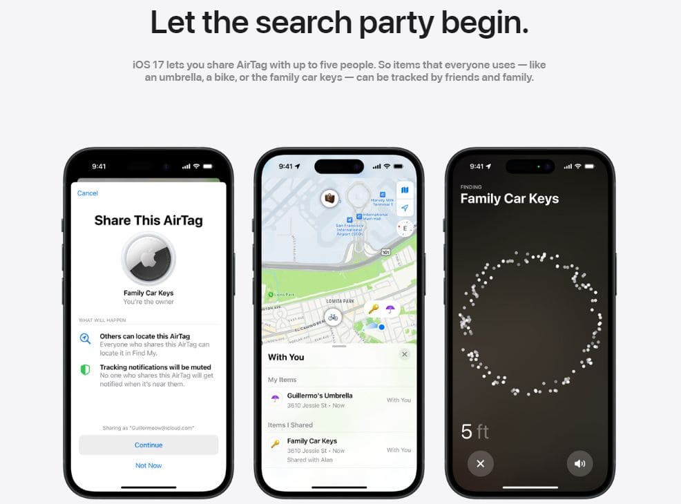 Bild von der Apple Airtag Website, wie die Suchgruppe funktioniert