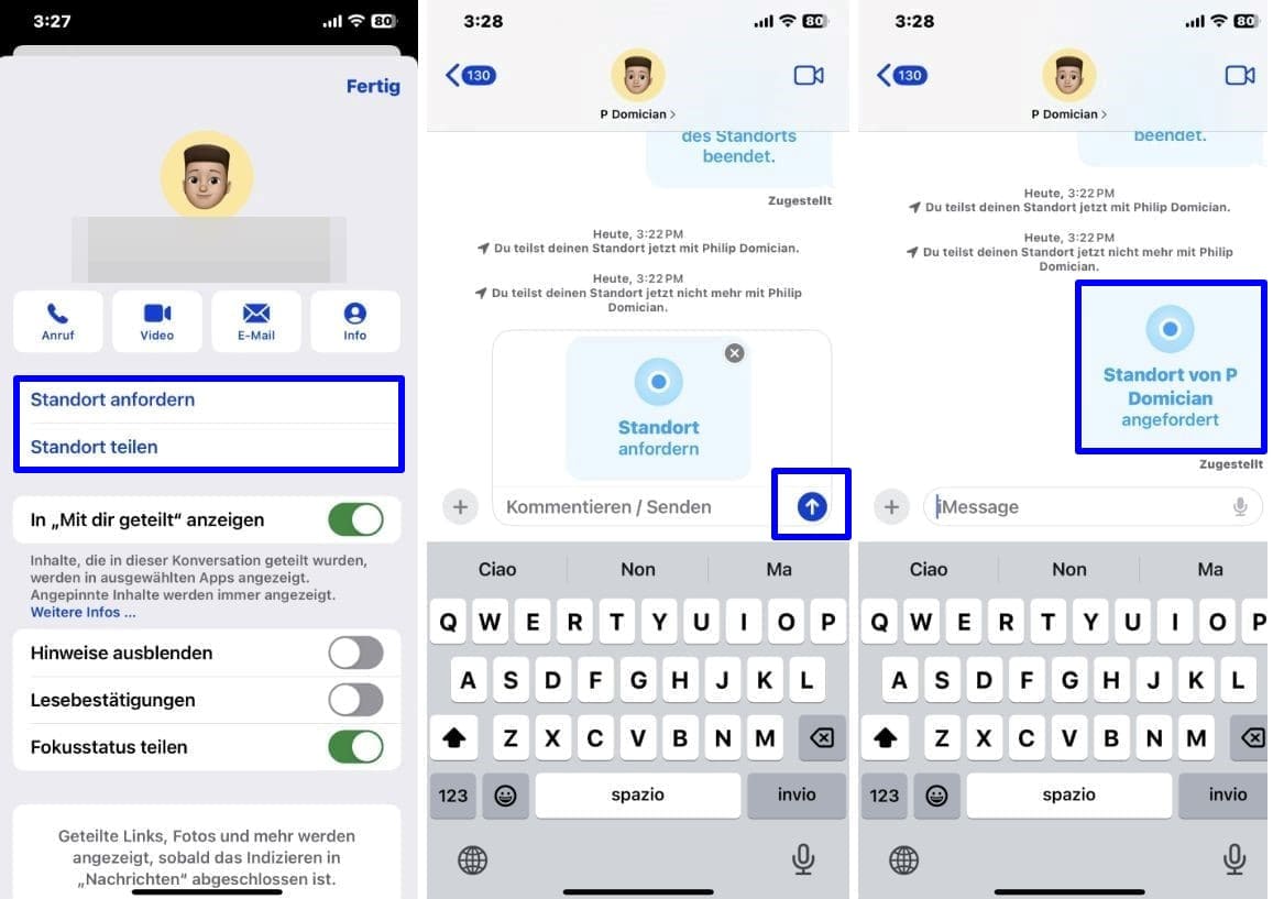 iPhone-Screenshots mit Schritten zum Anfordern des Standorts einer Person in iMessage