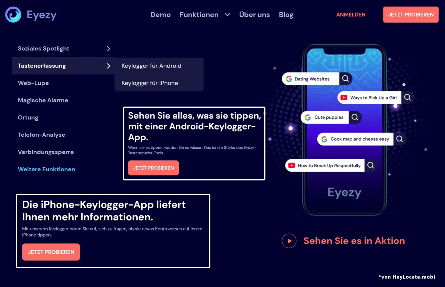 Auf der Oberfläche der Eyezy-App gibt es eine Collage mit Informationen über Keylogger für Android und iPhone mit Screenshots der Kurzbeschreibung und der Schaltfläche Jetzt ausprobieren
