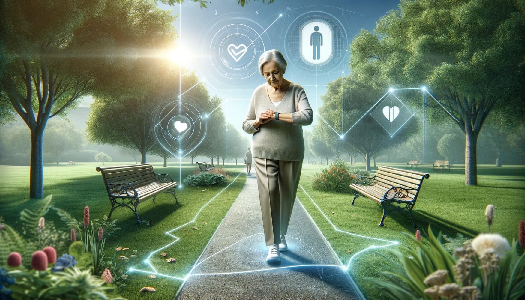Eine ältere Frau spaziert durch einen Park und trägt einen GPS-Tracker am Handgelenk. Um sie herum schweben digitale Symbole, die das Sicherheitsnetz symbolisieren, das sie bei Demenz in Sicherheit hält