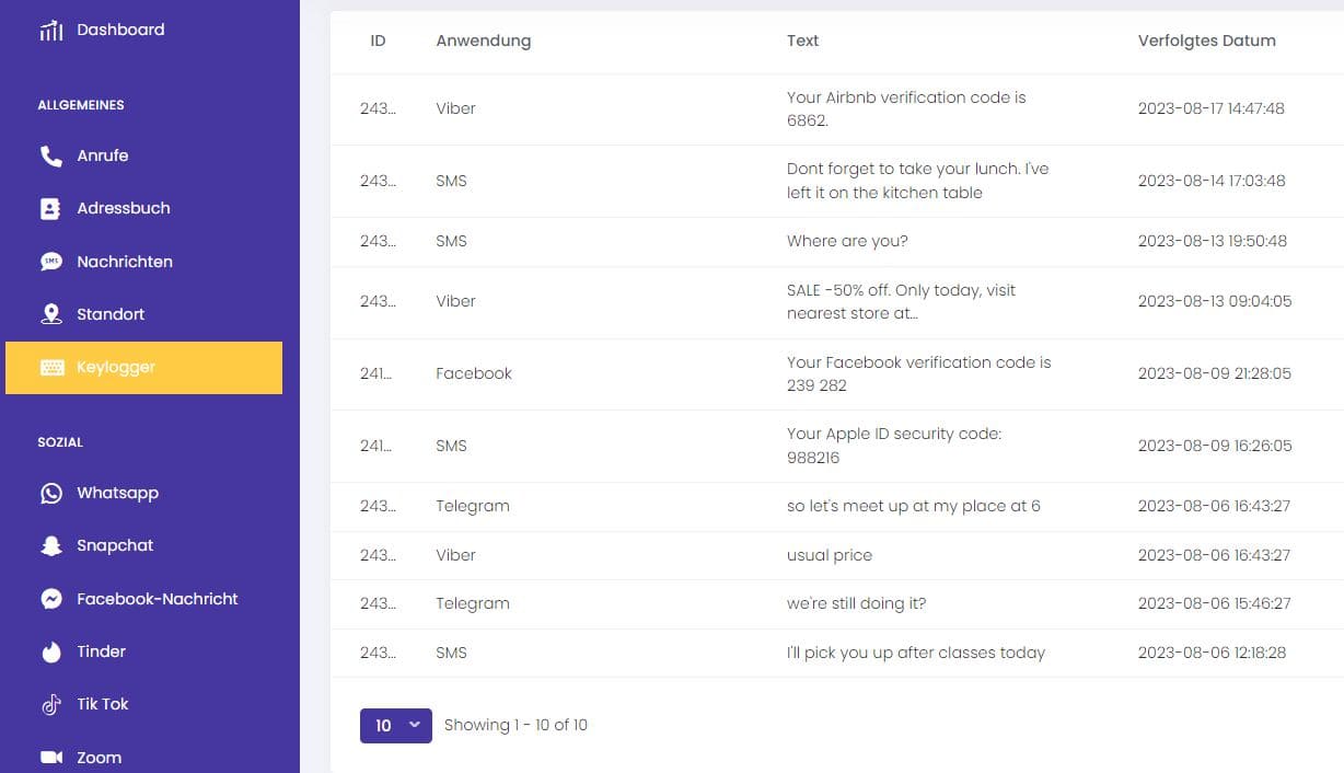 Screenshot der Keylogger-Datenspeicherung in OverWatch Dashboard