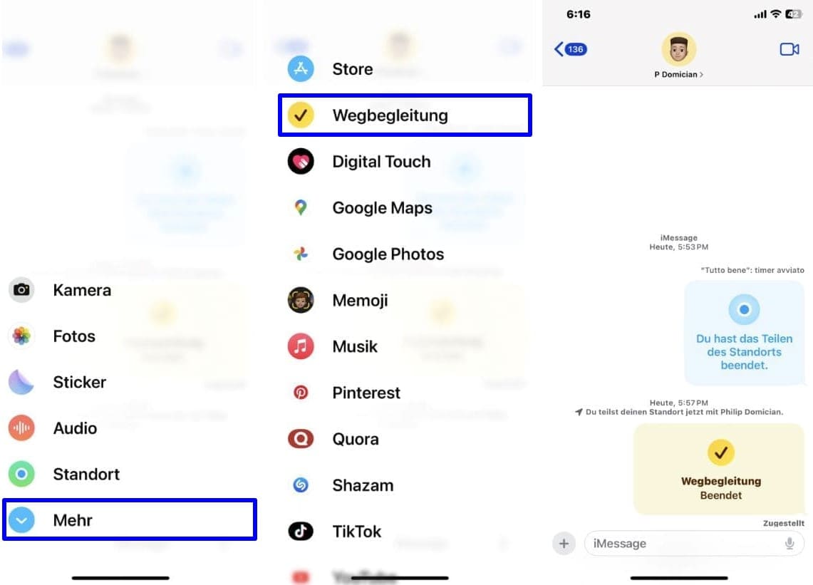 iPhone-Screenshots mit Schritten zur Verwendung der Funktion „Wegbegleitung“ in iMessage