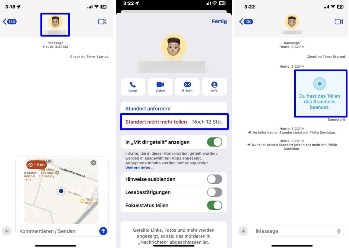 iPhone-Screenshots mit Schritten zum Beenden der Standortfreigabe in iMessage