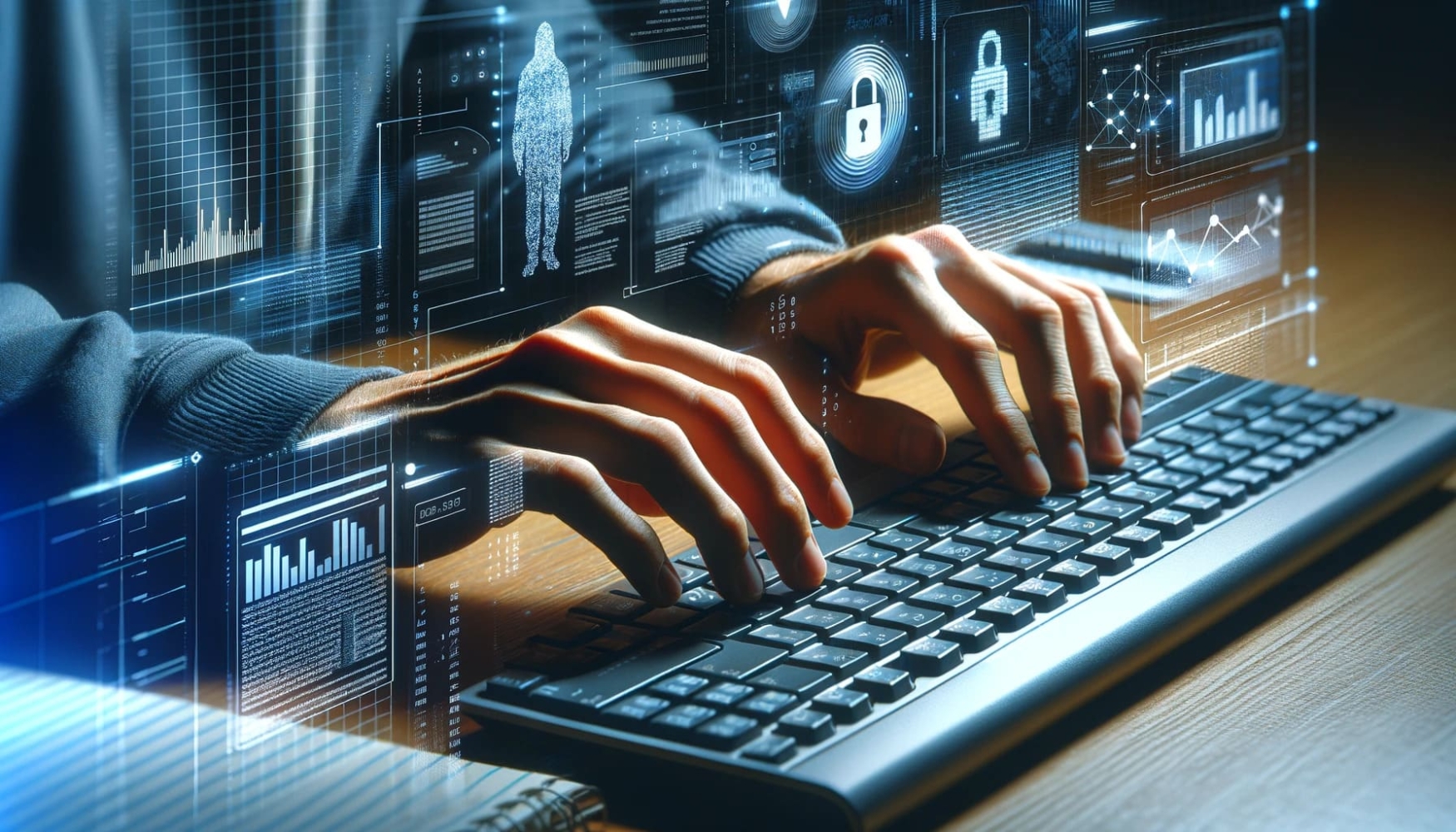 Computergrafik eines Mannes, der auf einer Tastatur tippt, mit einem futuristischen Hintergrund hinter ihm und einem digitalen Bild einer Hand auf der Tastatur