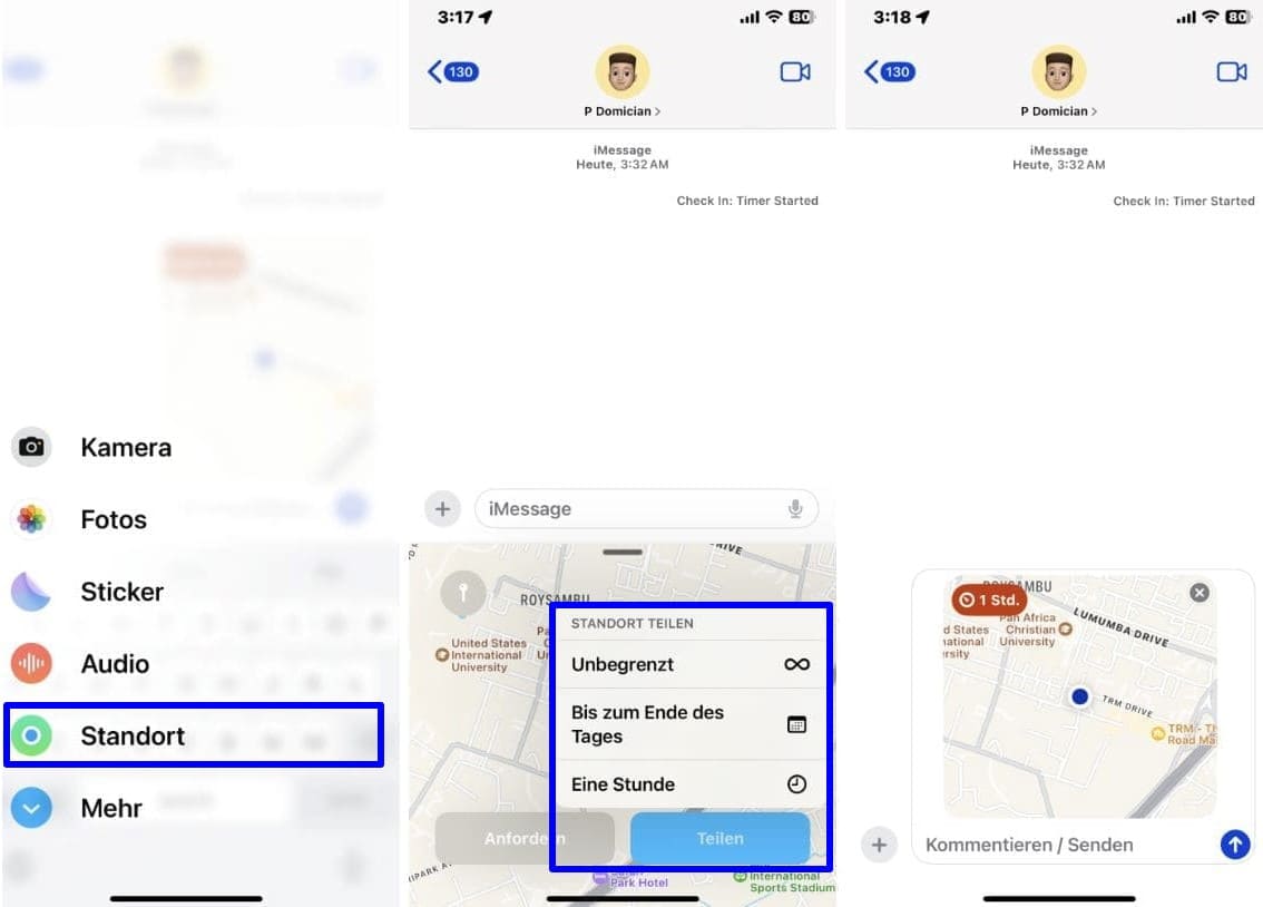 iPhone-Screenshots mit Schritten zum Teilen der Standortfunktion auf iMessage