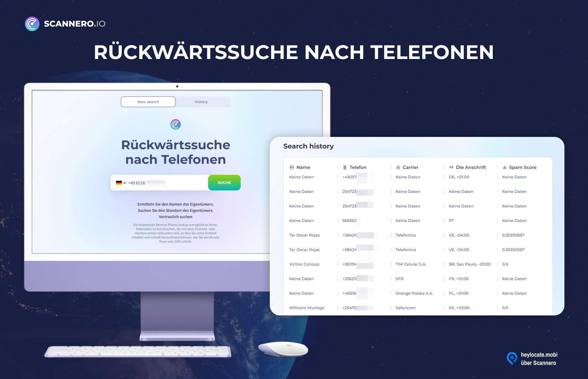 Computermonitor, auf dem die Funktion zur Rückwärtssuche von Telefonnummern von Scannero.io angezeigt wird, mit einer Suchleiste und einer Registerkarte für den Suchverlauf, die frühere Anfragen und Ergebnisse anzeigt.