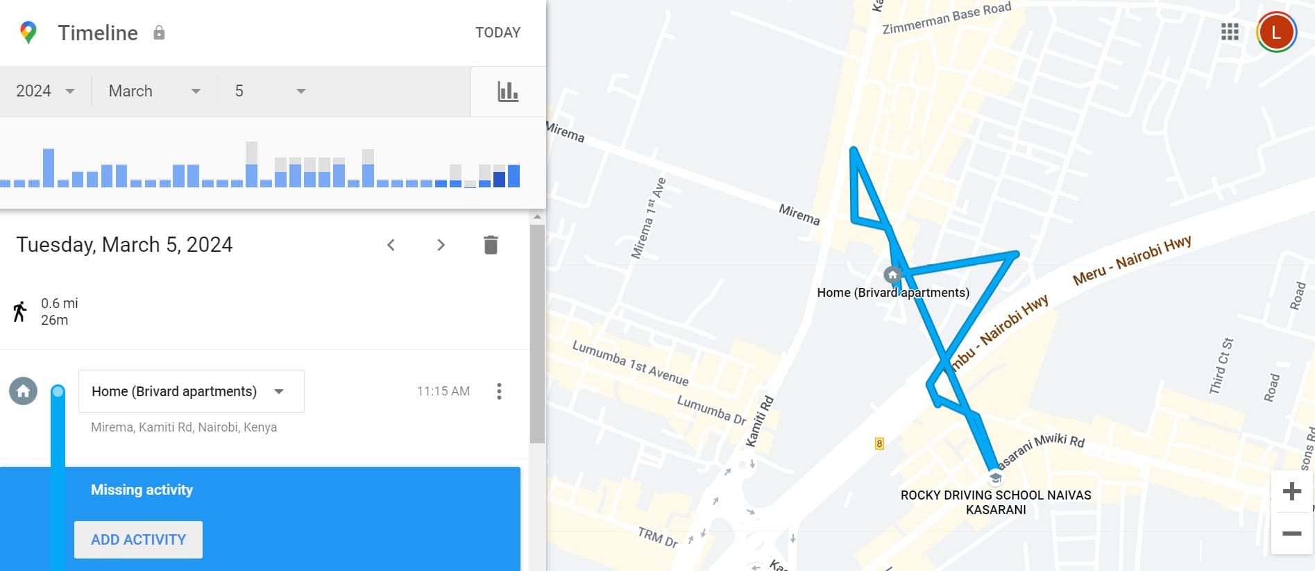 Ein Bild der Handyortung mit Google Maps mithilfe der Zeitleiste