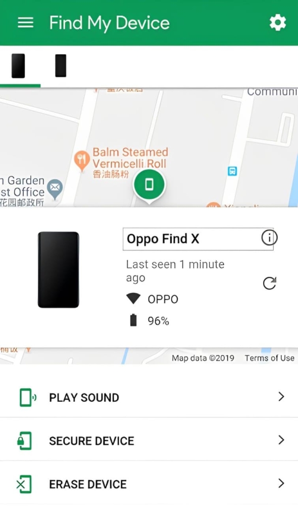 Ein Screenshot von Google "Mein Gerät finden", das ein Oppo Find X ortet