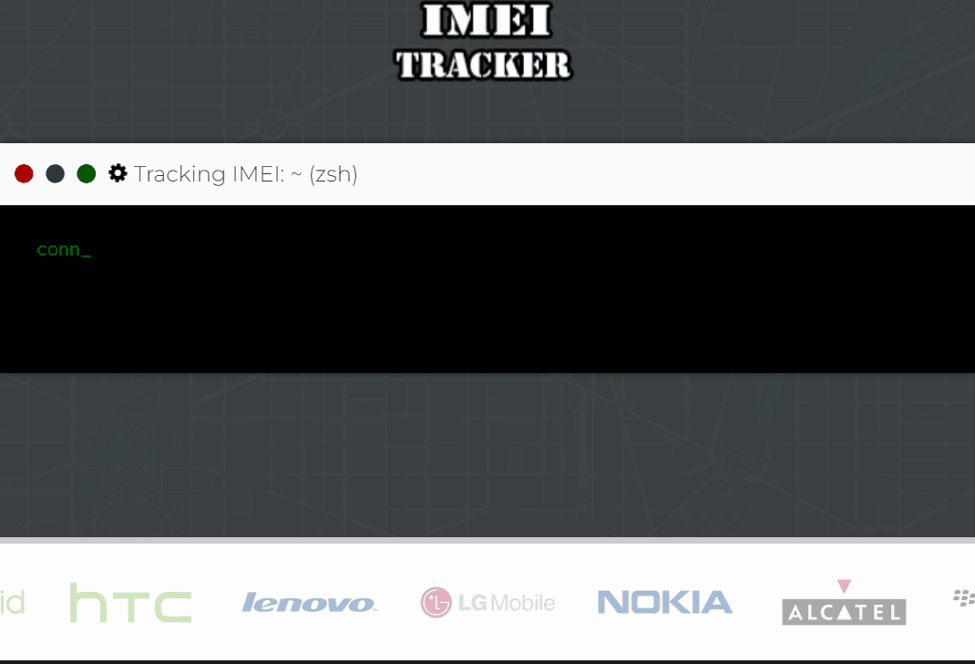 GIF zeigt einen Online-IMEI-Tracker, der versucht, den Standort des Telefons anzuzeigen