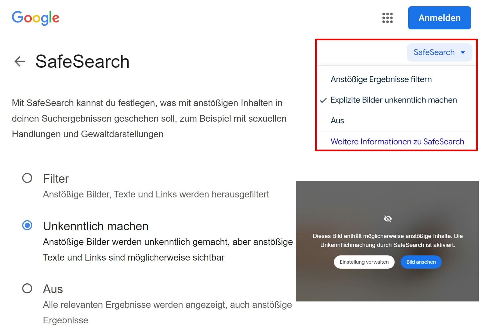Ein Screenshot zeigt die SafeSearch-Einstellungsseite von Google mit Optionen zum Filtern und Unkenntlichmachen expliziter Inhalte