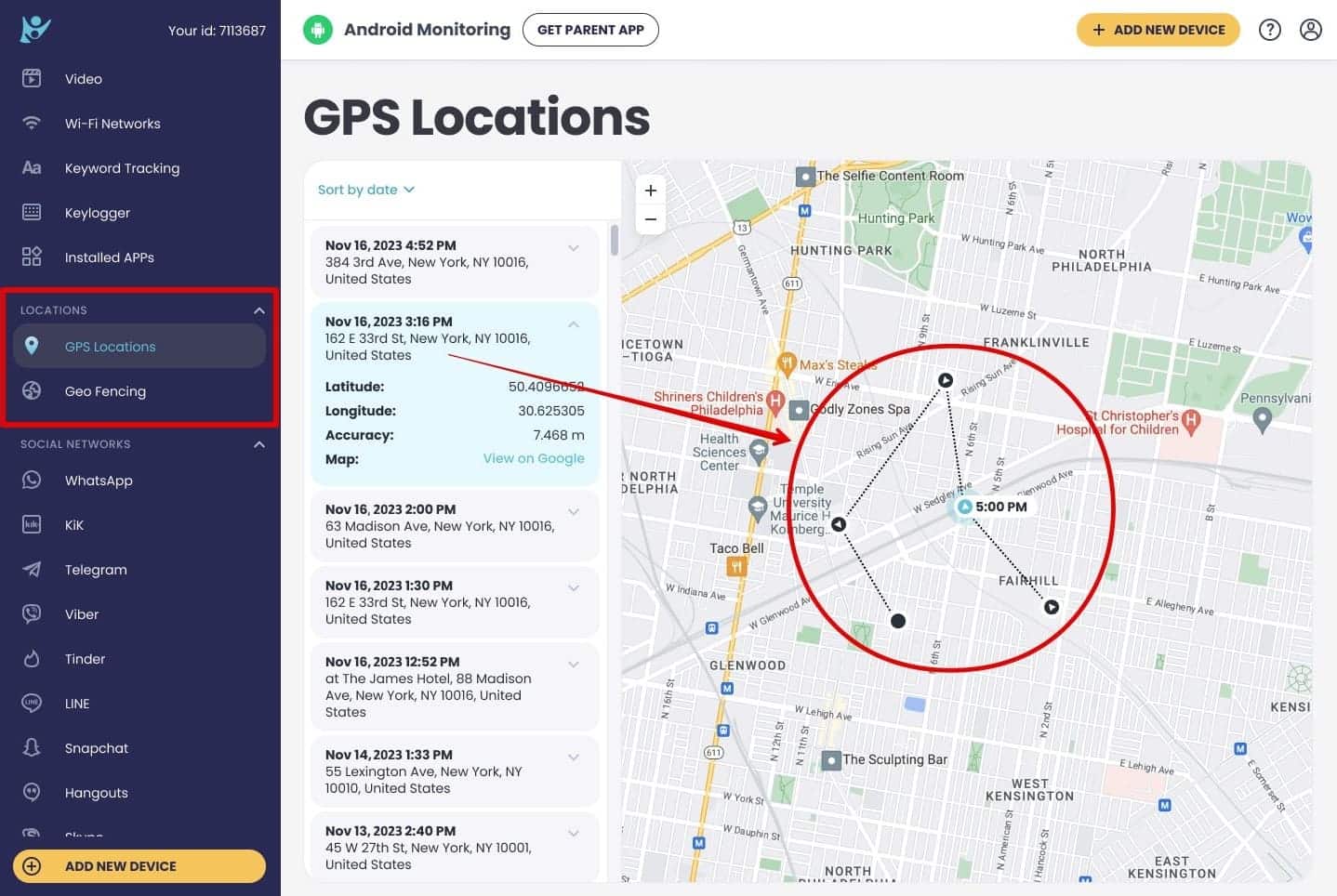 GPS-Ortung, mit Anzeige der Position auf der Karte, Koordinaten, Adresse und Uhrzeit