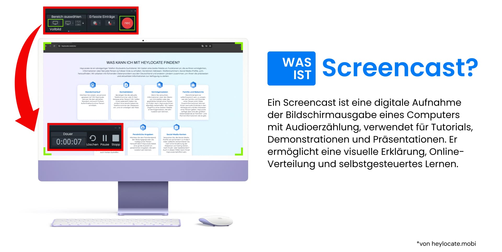 Das Bild zeigt einen Computer mit einer Screencasting-Anwendungsoberfläche und die Definition eines Screenshots.