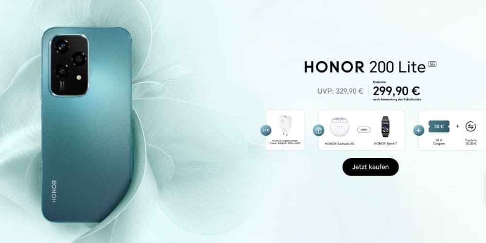 Ein Screenshot der Honor-Webseite, die das Honor 200 Lite 5G Handy zeigt