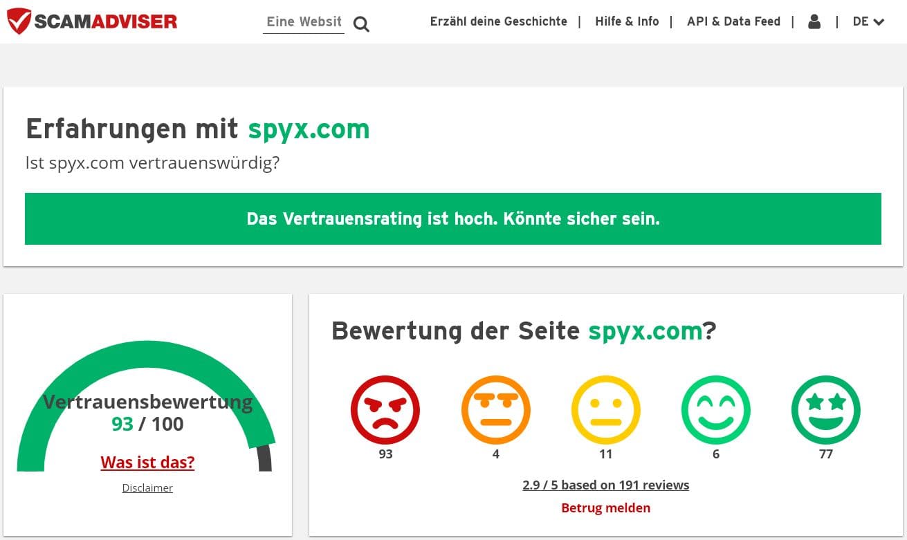 Ein Bild der SpyX-Vertrauensbewertung auf Scamadviser