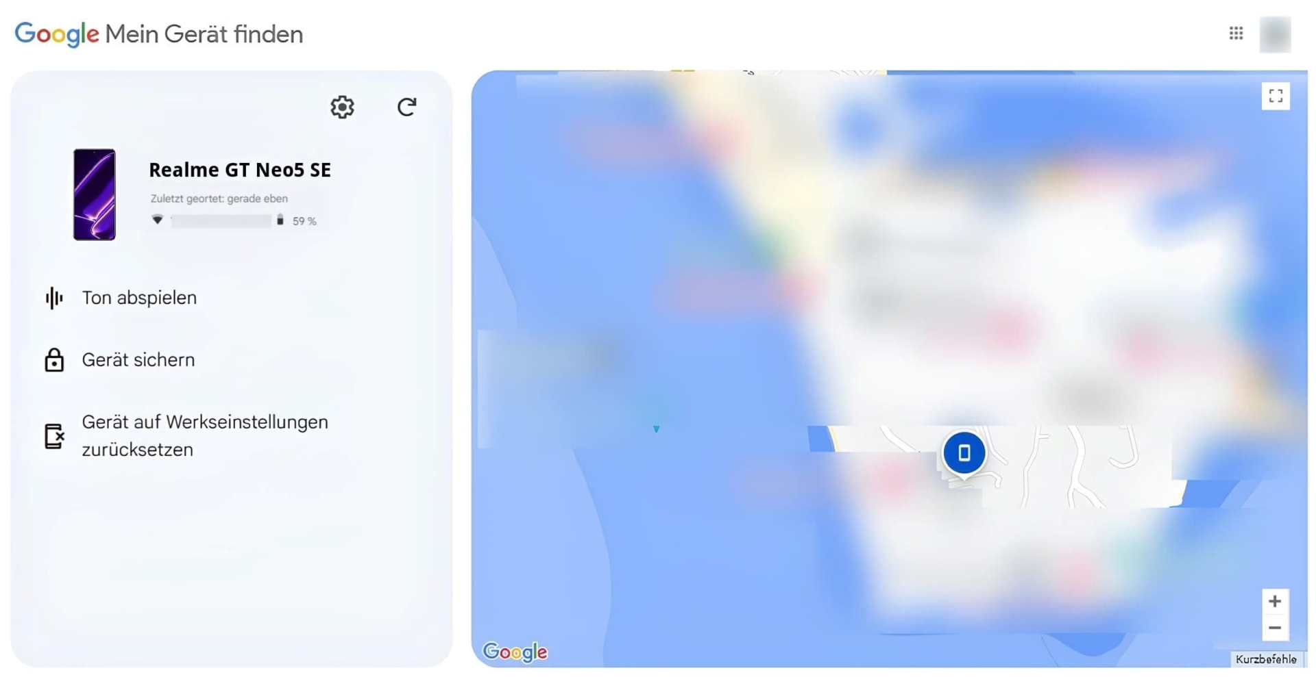 Ein Bild des Realme-Handys auf Google "Mein Gerät finden"