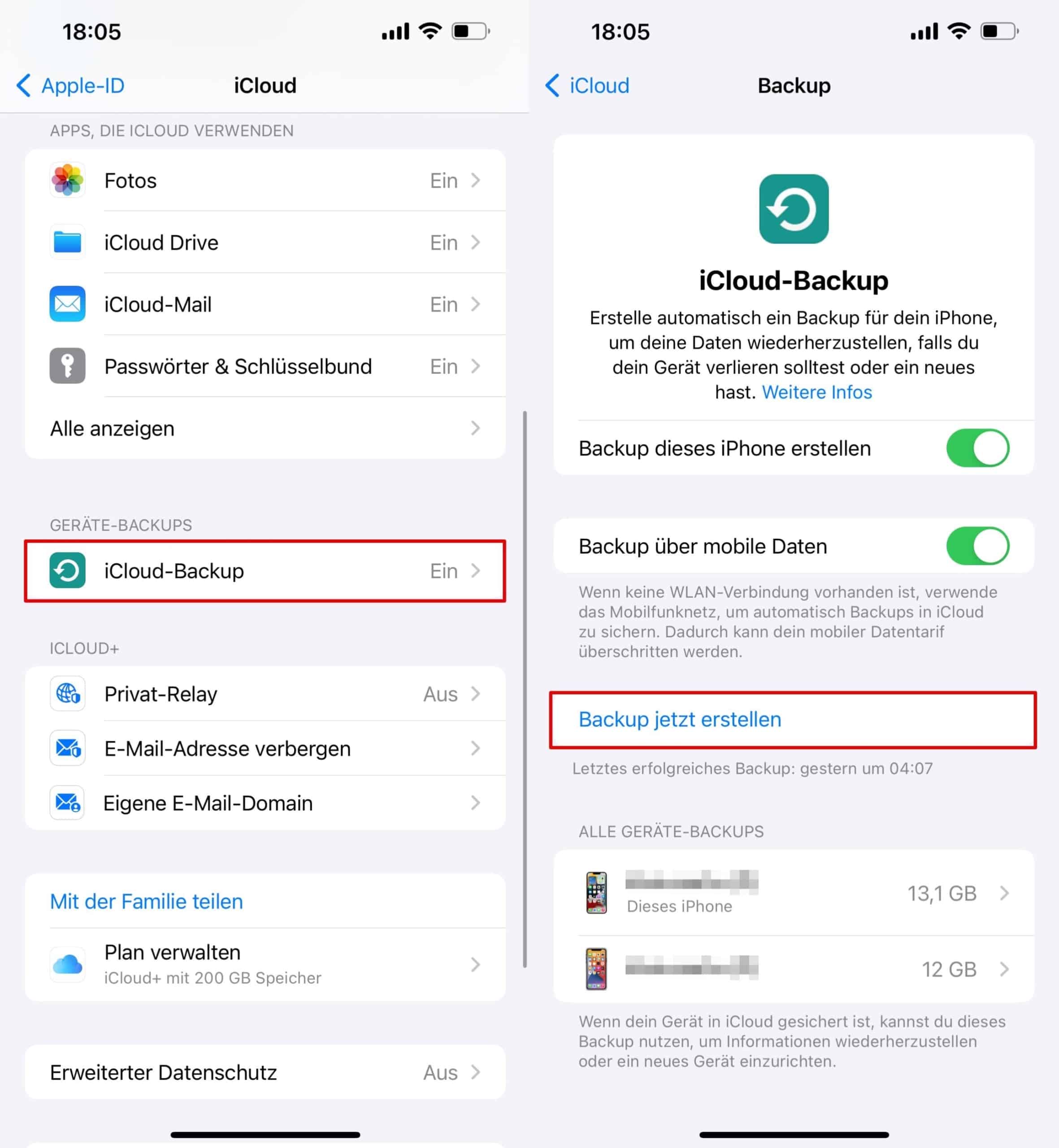 Screenshot der iCloud-Funktion in den iPhone-Einstellungen mit der Lösung „Jetzt sichern“ hervorgehoben
