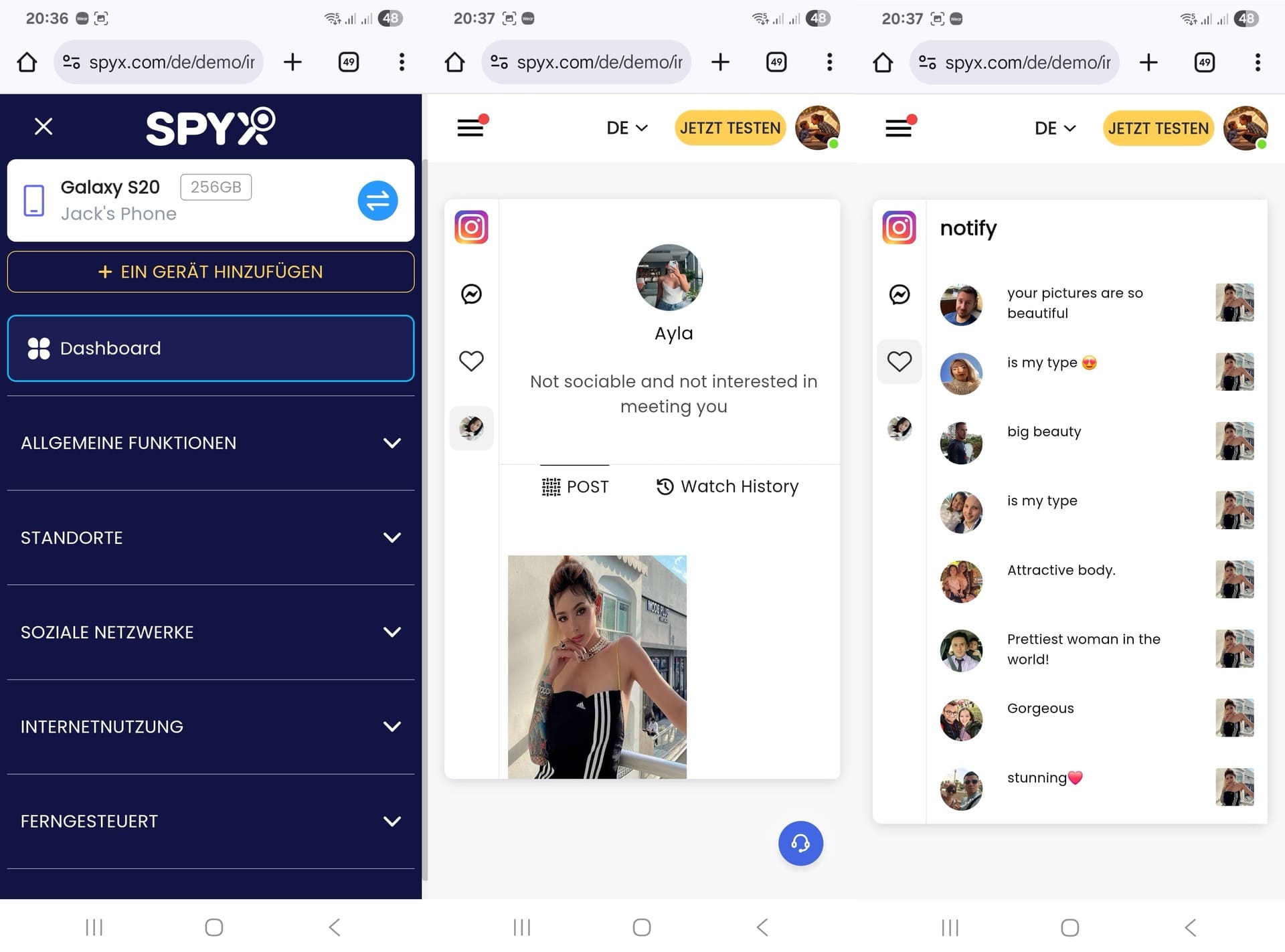 Menü mit Funktionen sowie der Instagram-Registerkarte mit Profil, Beiträgen und Kommentaren.