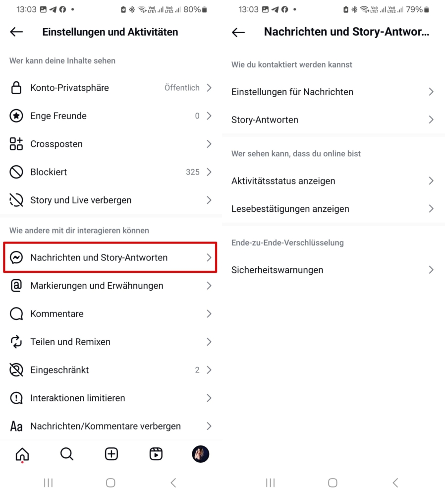 Schritte zum Öffnen von Nachrichten und Story-Antworten in Instagram