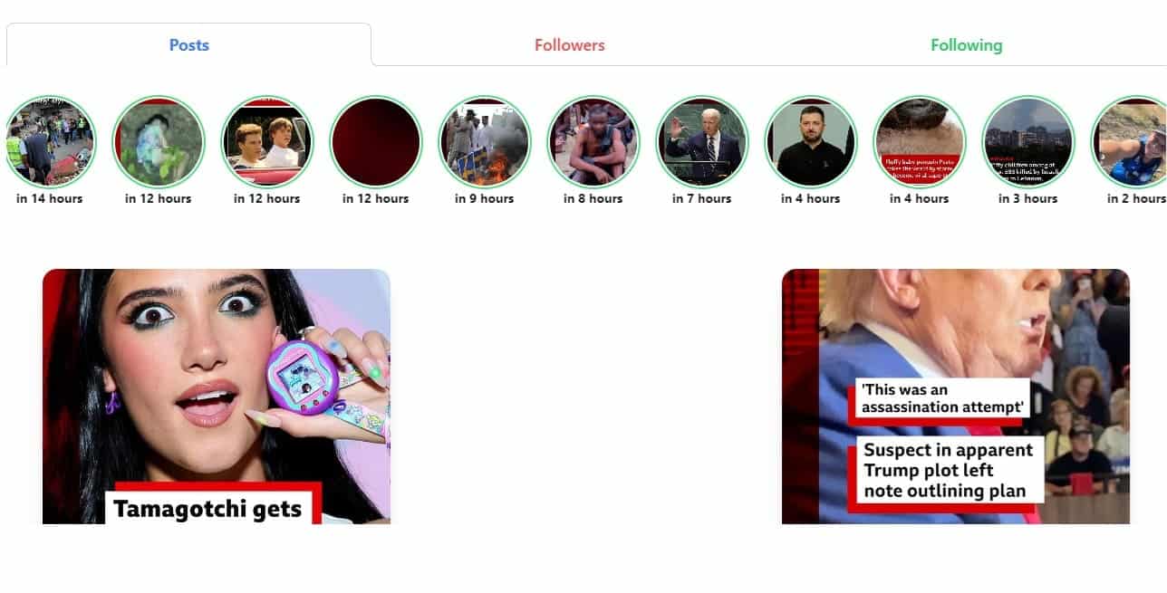 Screenshot von der Dumpor-Website, der Instagram-Profilstatistiken zeigt, darunter Posts, Follower und Gefolgte, sowie Vorschaubilder von Story-Highlights und Beiträgen