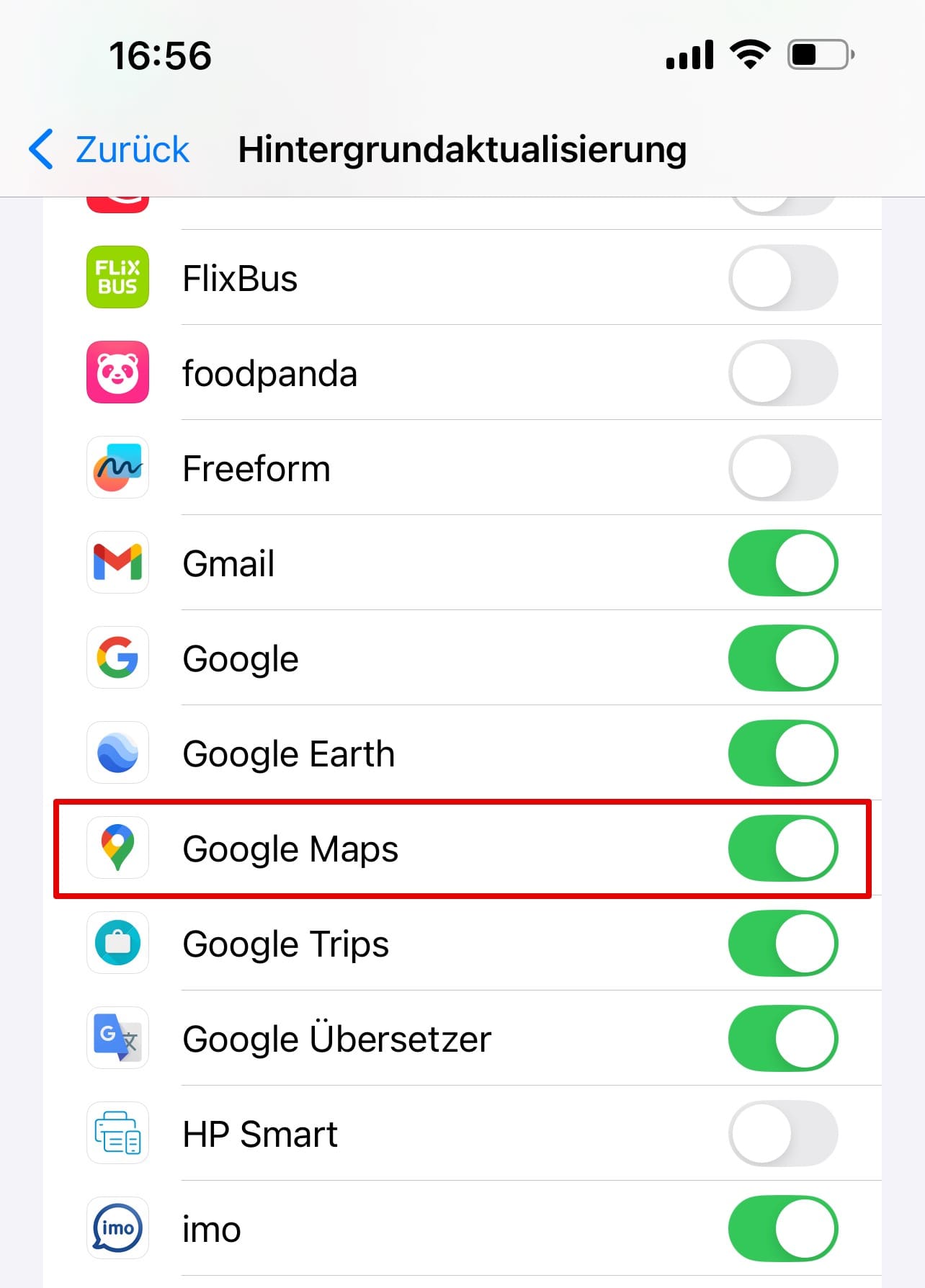 So richten Sie eine App-Aktualisierung im Hintergrund auf dem iPhone ein, indem Sie die Umschalttaste neben Google Maps aktivieren