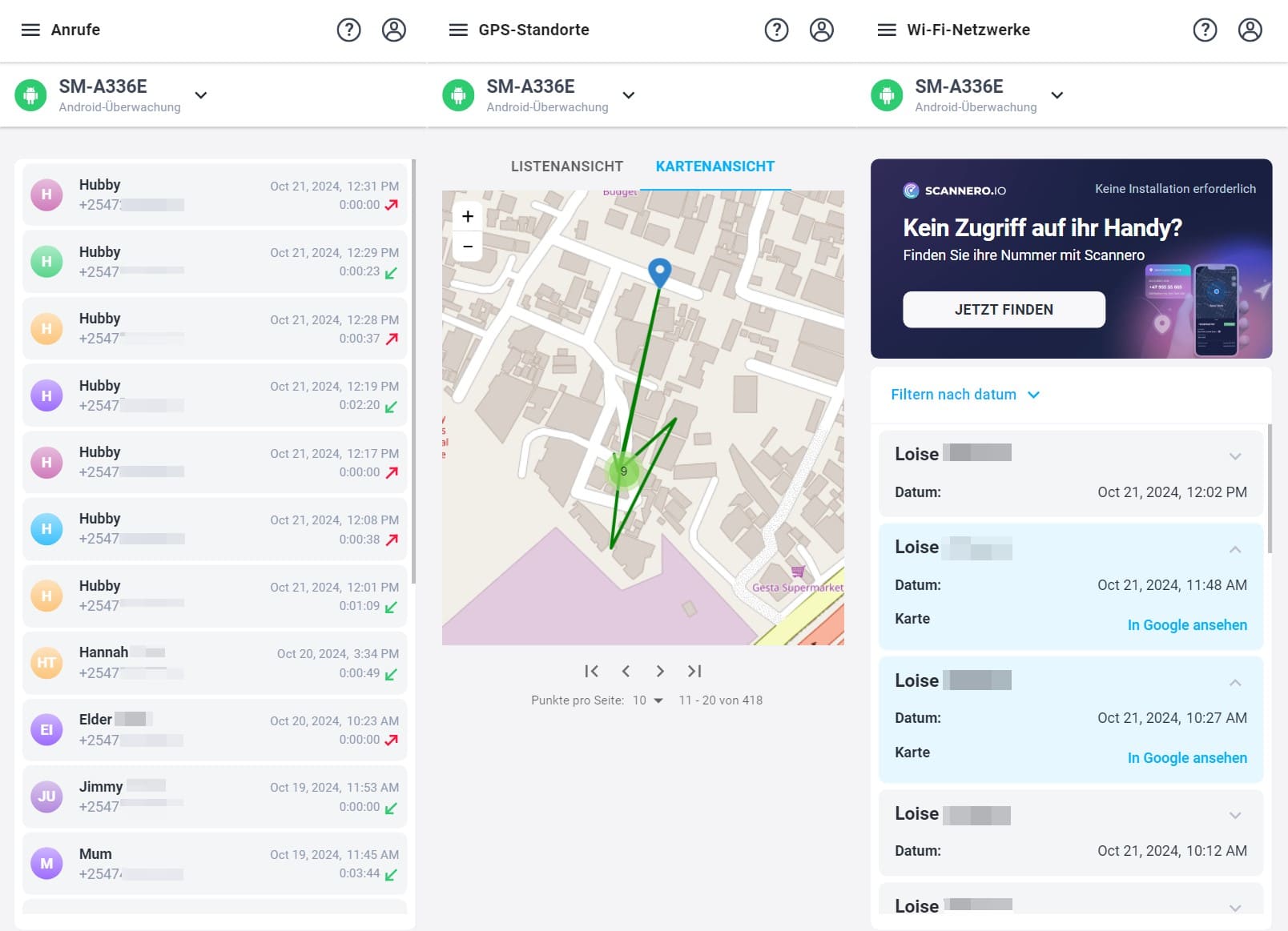 mSpy-Dashboard-Oberfläche, Anrufprotokollanzeige, GPS-Standortverfolgung mit Kartenansicht und Wi-Fi-Verbindungsdetails