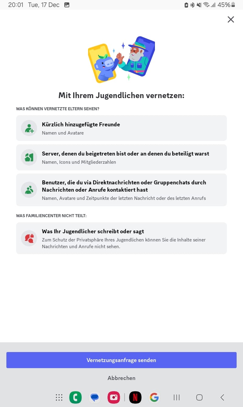 Discord Family Center auf dem Gerät eines Elternteils, das eine Anfrage zum Senden einer Verbindung zum Gerät des Teenagers anzeigt, einschließlich Daten wie die Anzahl der Nachrichten von Benutzern, die Anzahl der verbundenen Server und andere Aktivitätsmetriken