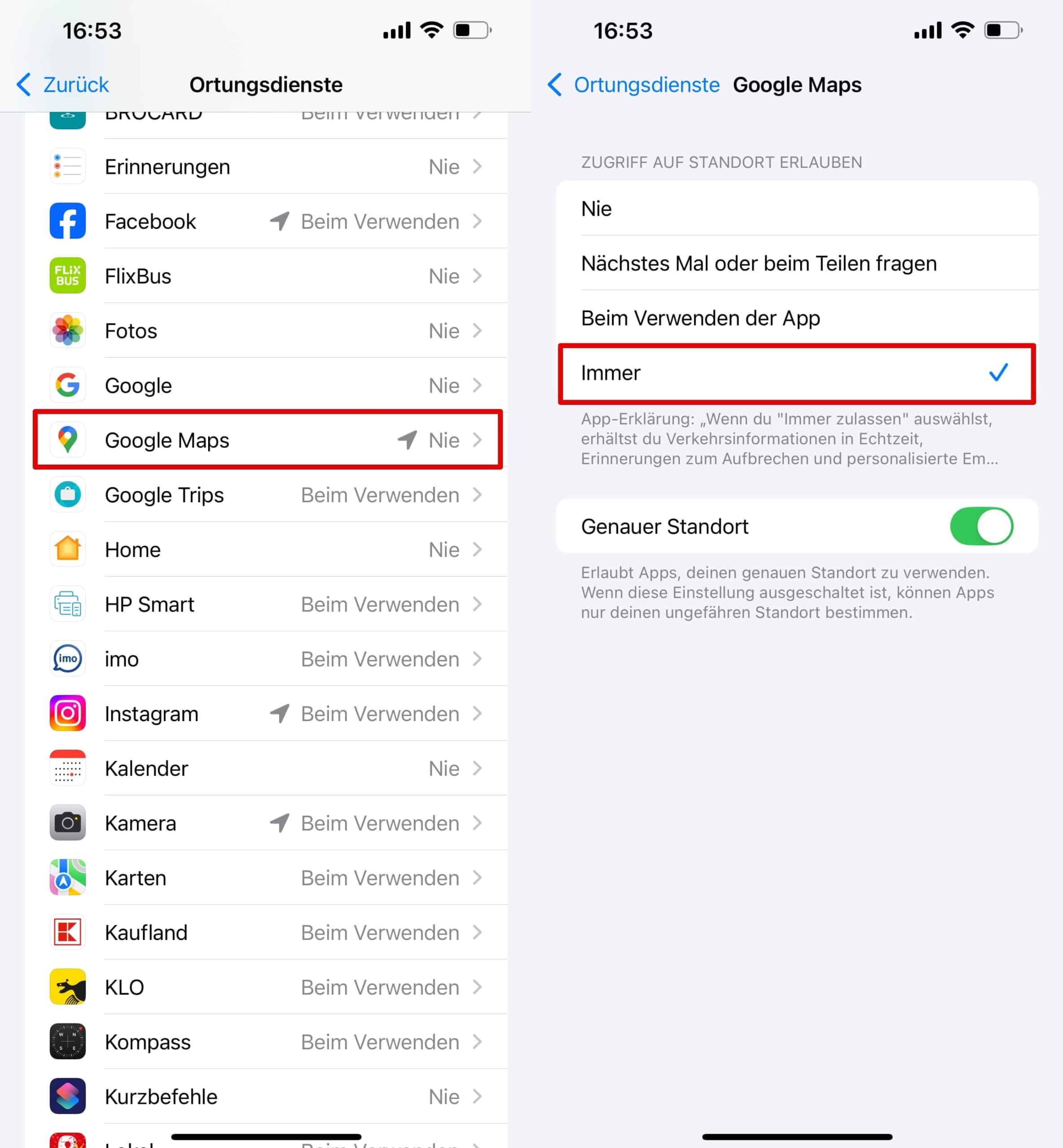 Wählen Sie auf der Registerkarte Standortdienste die Anwendung Google Maps, wählen Sie die Option immer