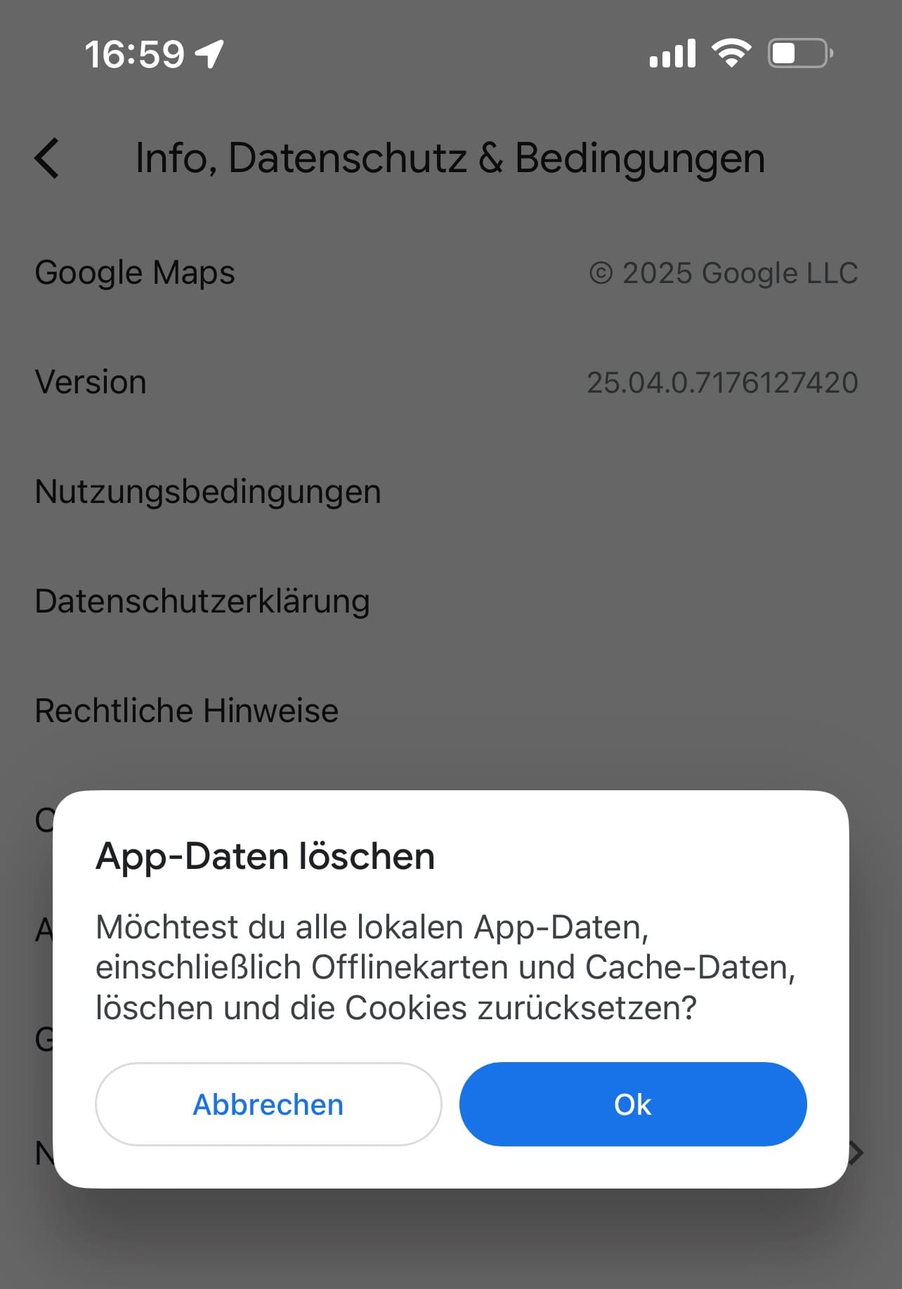 Klicken Sie auf OK, um zu bestätigen, dass der Google Maps-Datencache geleert wurde