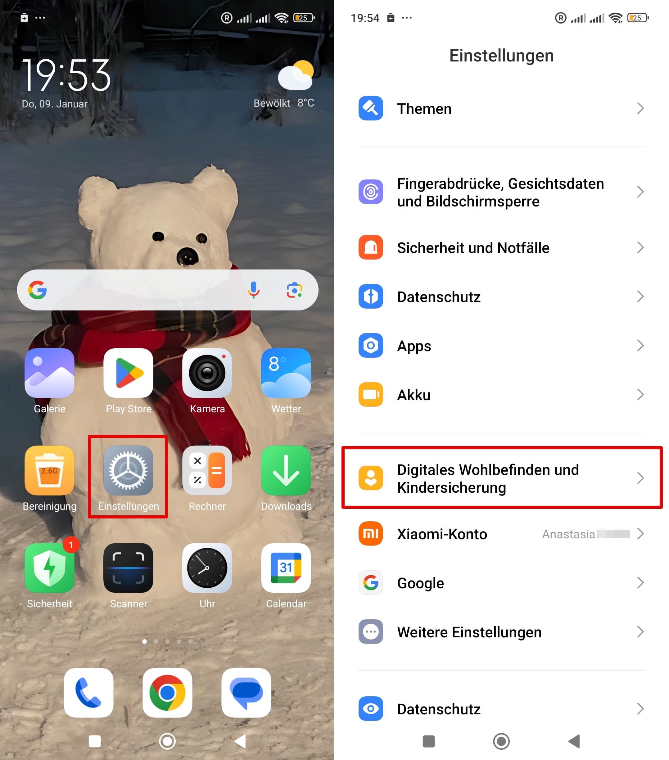 Xiaomi-Telefonbildschirm mit Einstellungssymbol und den Optionen, einschließlich Digitales Wohlbefinden und Kindersicherung